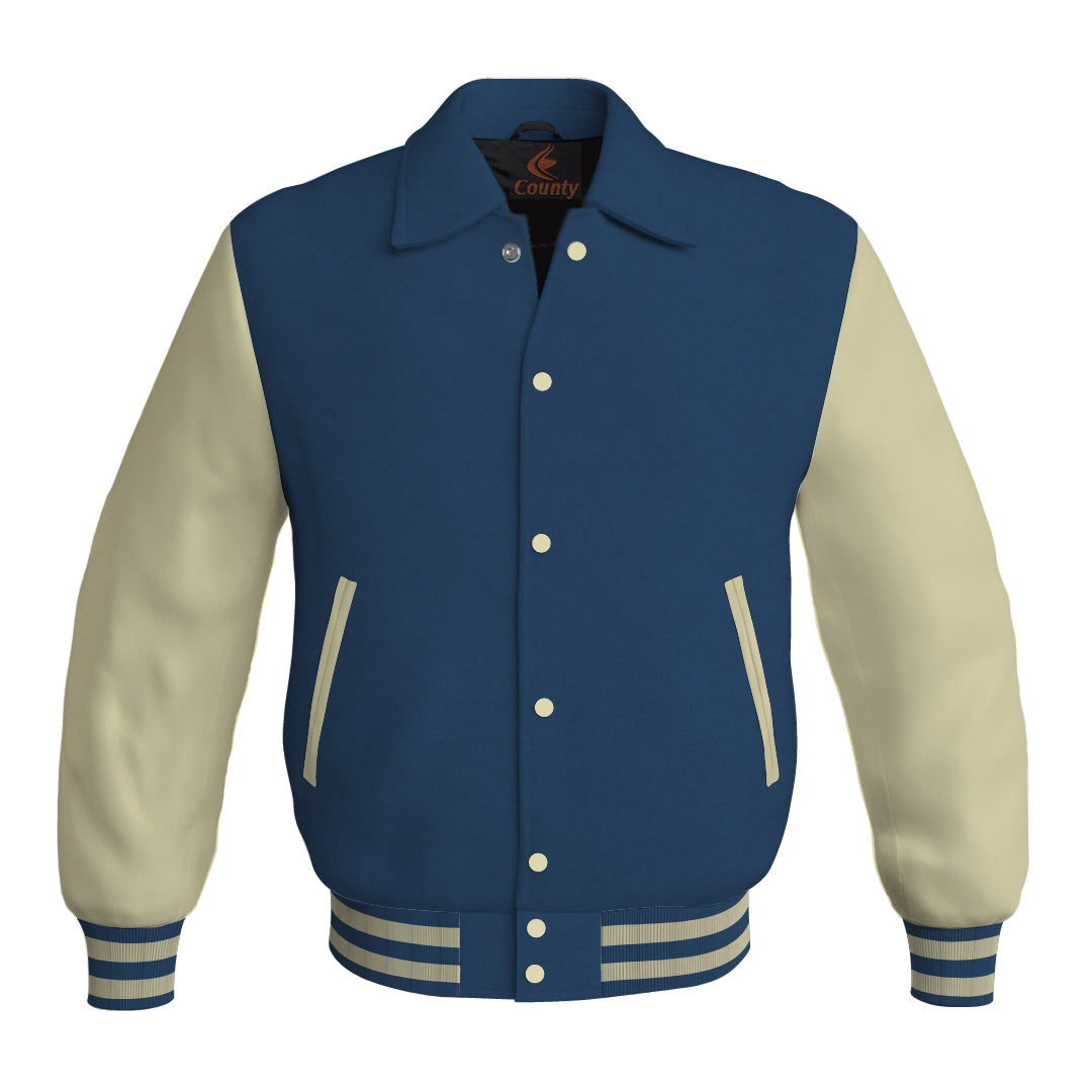 Letterman Varsity Classic Jacket Navy Blue Body and Cream Leather Sleeves