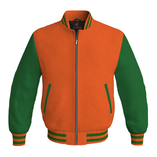 Personalized Varsity Jacket Orange Body and Green Leather Sleeves Bomber Jacket