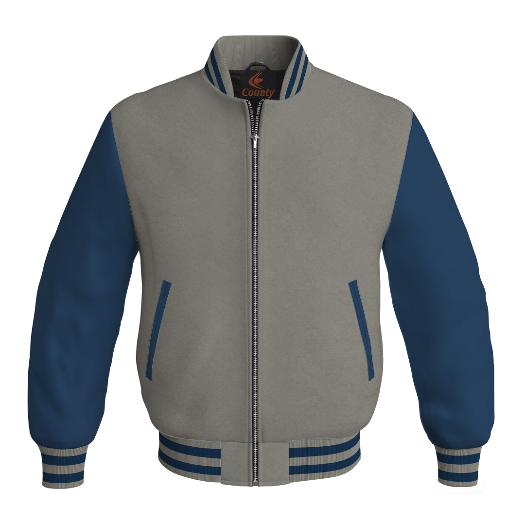 Team Varsity Jackets Gray Body and Navy Blue Leather Sleeves Bomber Jacket