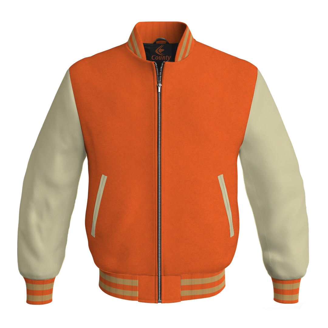 Varsity Jacket Women Orange Body and Cream Leather Sleeves Bomber Jacket