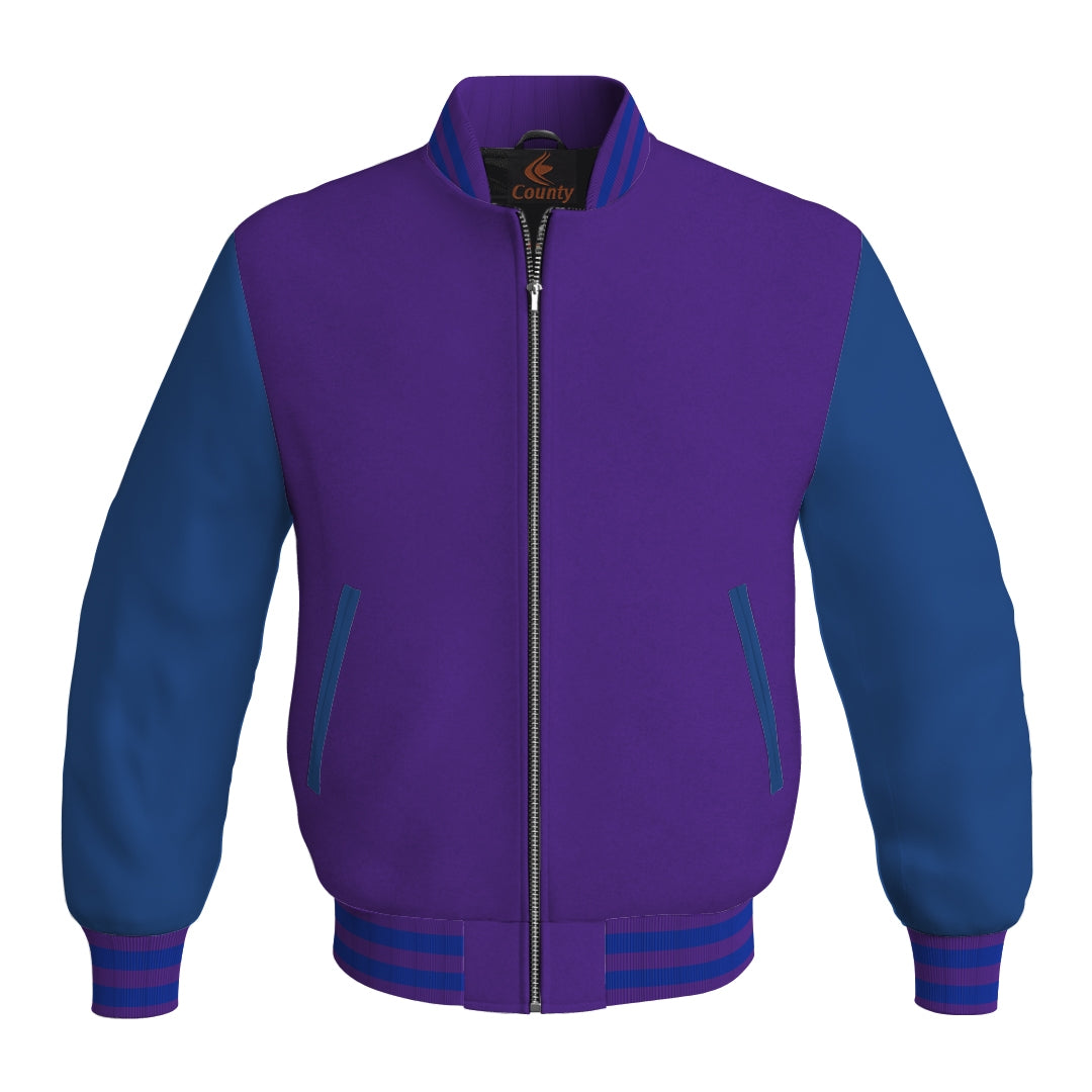 Bomber Jacket Women Purple Body and Blue Leather Sleeves Bomber Jacket