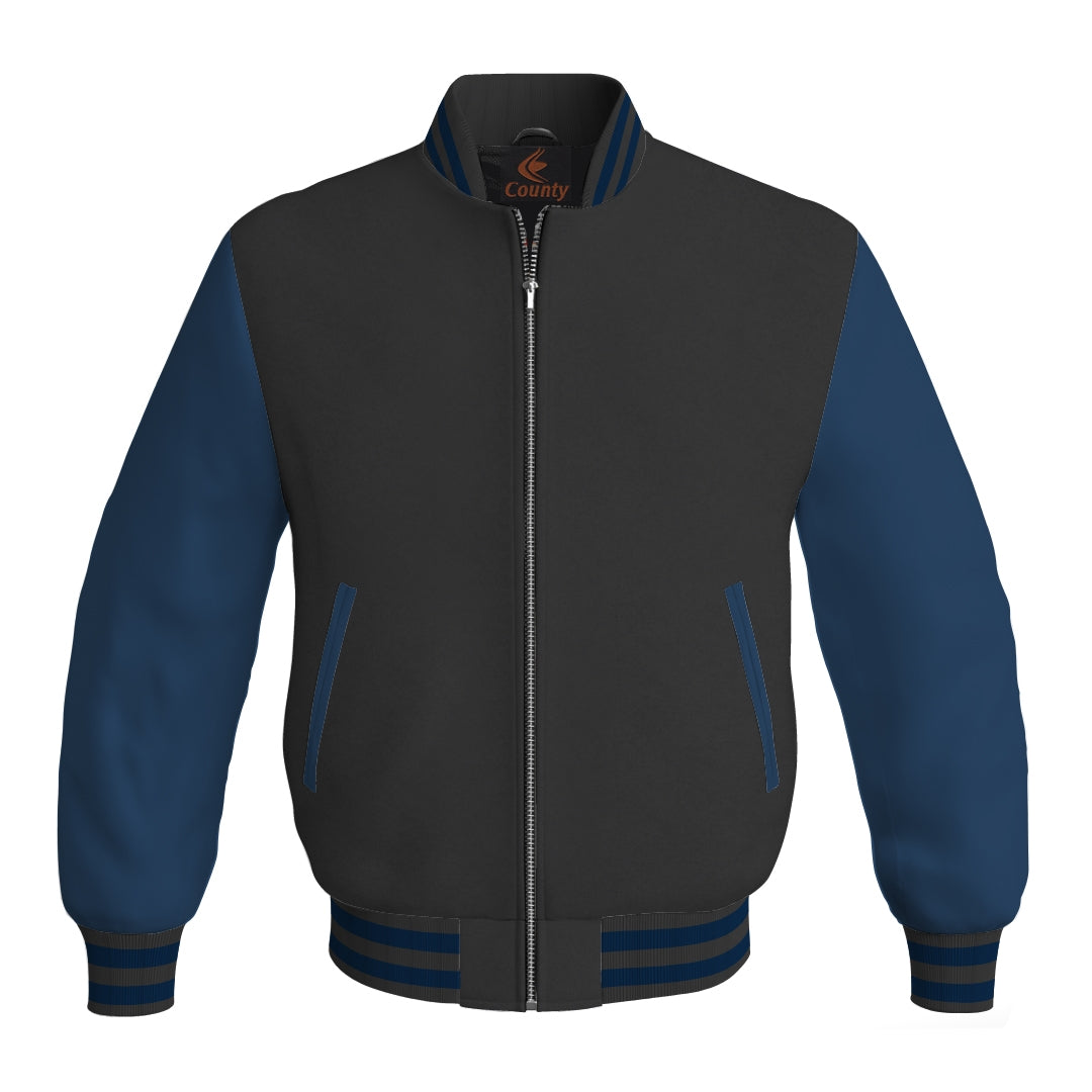 Team Varsity Jackets Black Body and Navy Blue Leather Sleeves Bomber Jacket