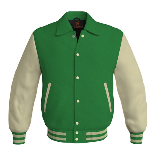 Letterman Varsity Classic Jacket Green Body and Cream Leather Sleeves