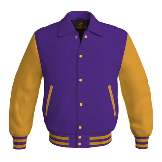 Letterman Varsity Classic Jacket Purple Body and Gold Leather Sleeves