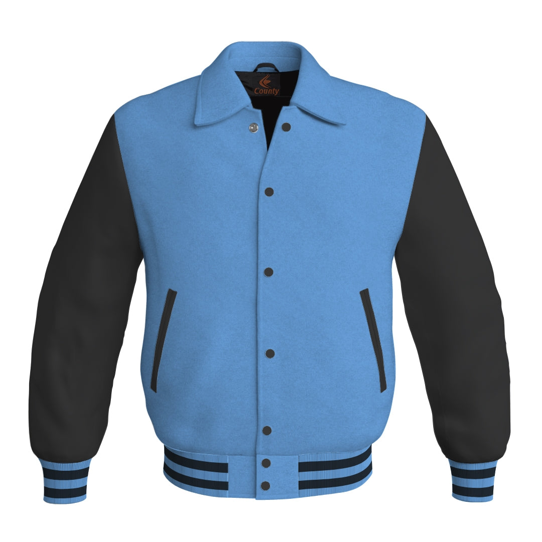 Letterman Varsity Classic Jacket Sky Blue Body and Black Leather Sleeves