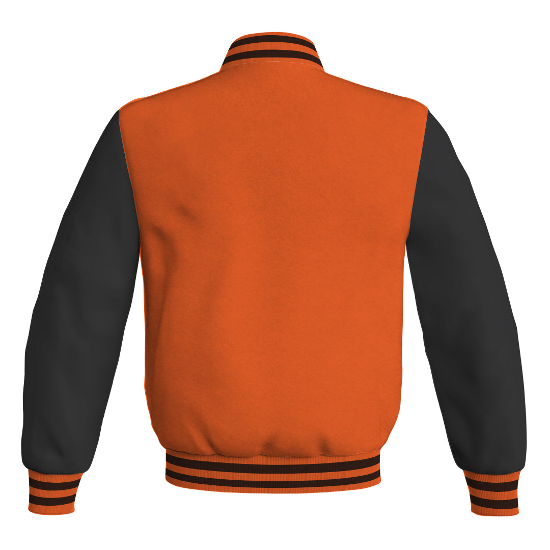 Ladies Varsity Jacket Orange Body and Black Leather Sleeves Bomber Jacket