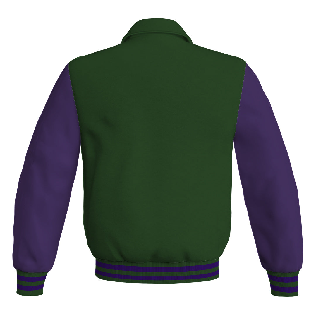 Letterman Varsity Classic Jacket Forest Green Body and Purple Leather 