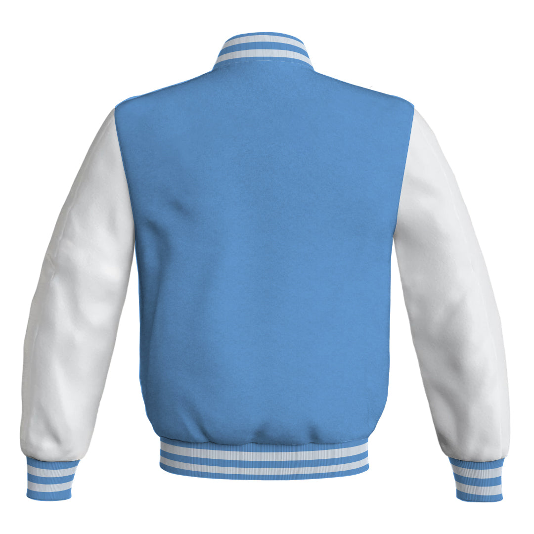 Team Varsity Jackets Sky Blue Body and White Leather Sleeves Bomber Jacket