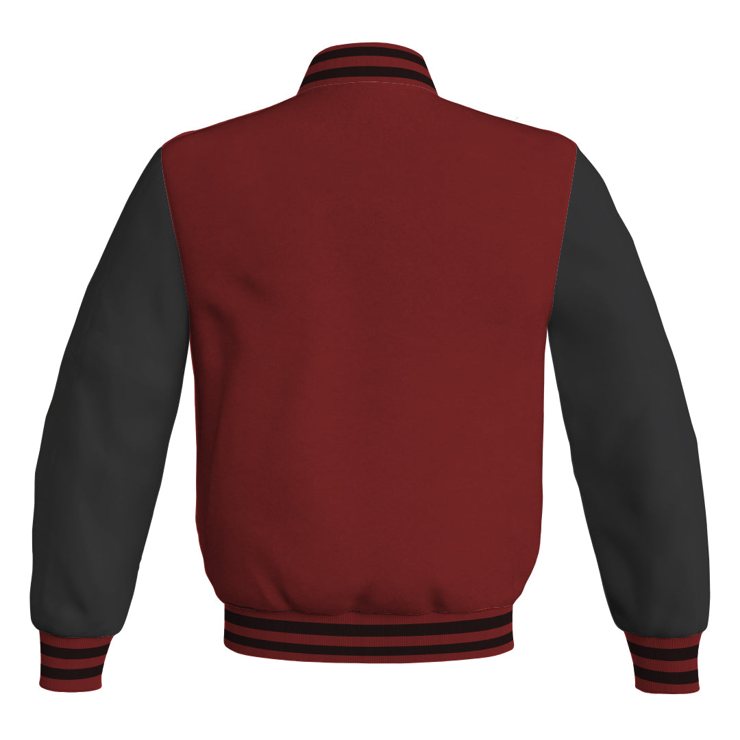 Ladies Varsity Jacket Maroon Body and Black Leather Sleeves Bomber Jacket