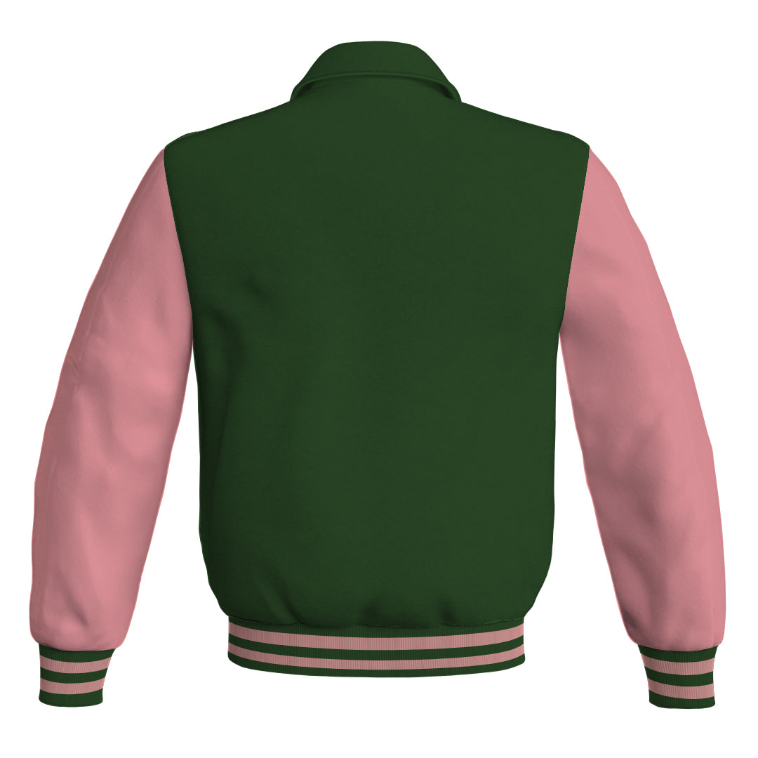 Letterman Varsity Classic Jacket Forest Green Body and Pink Leather 