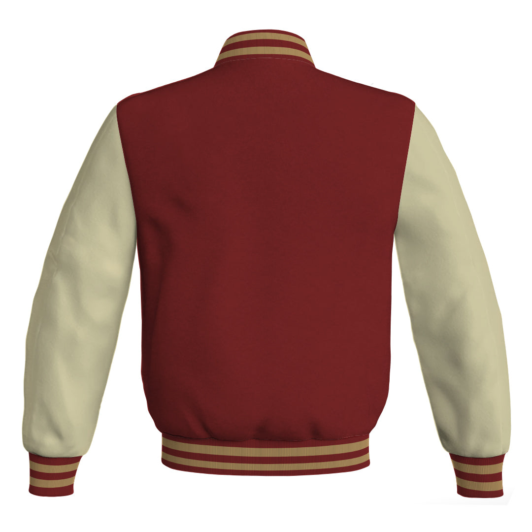 Varsity Jacket Women Maroon Body and Cream Leather Sleeves Bomber Jacket