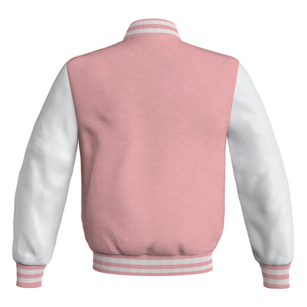 Team Varsity Jackets Pink Body and White Leather Sleeves Bomber Jacket