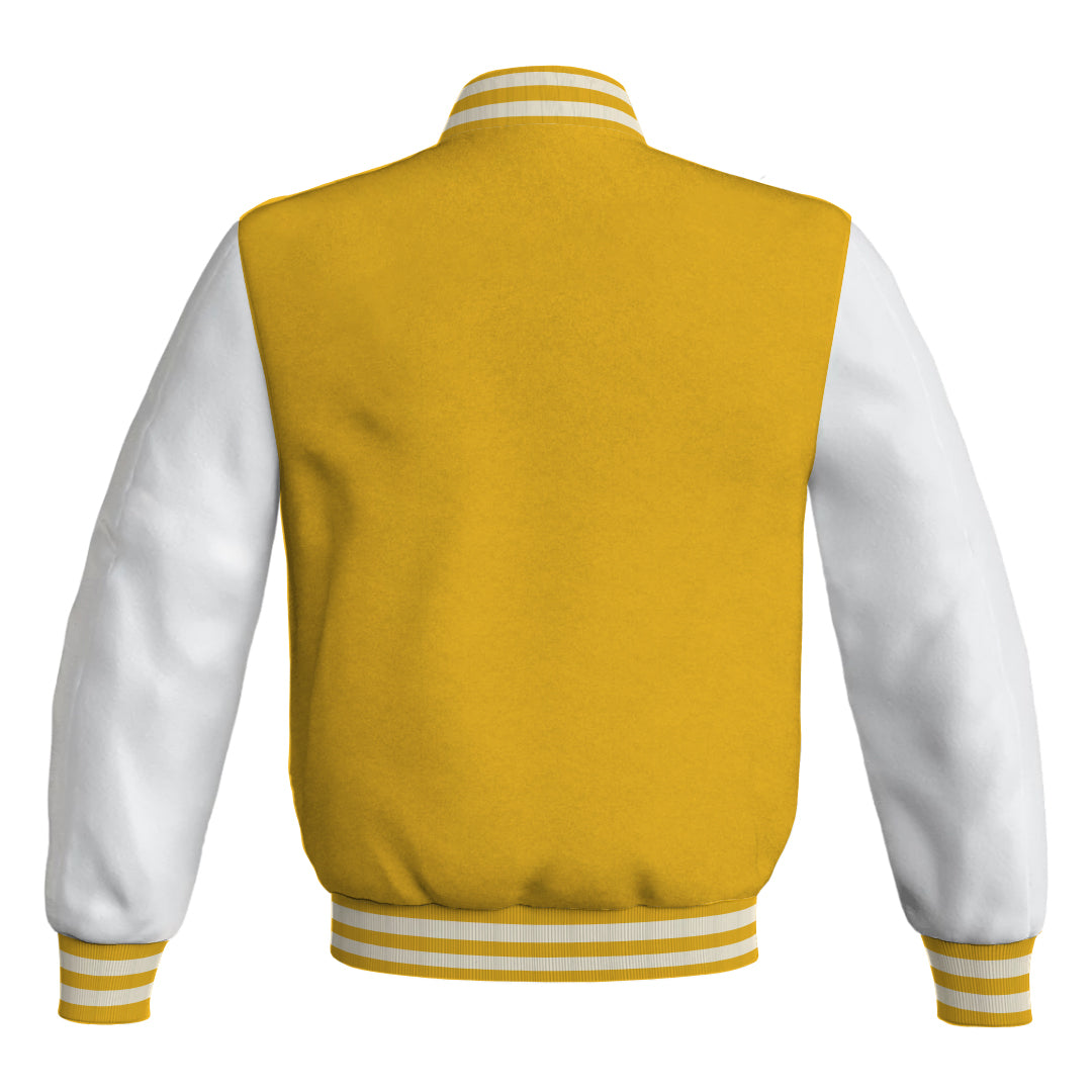 Team Varsity Jackets Yellow/Gold Body and White Leather Sleeves Bomber Jacket