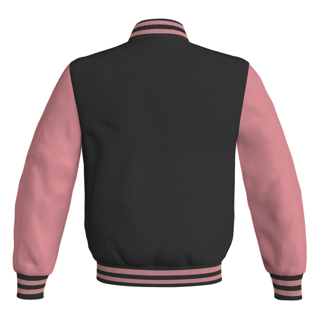 Ladies Varsity Jacket Black Body and Pink Leather Sleeves Bomber Jacket