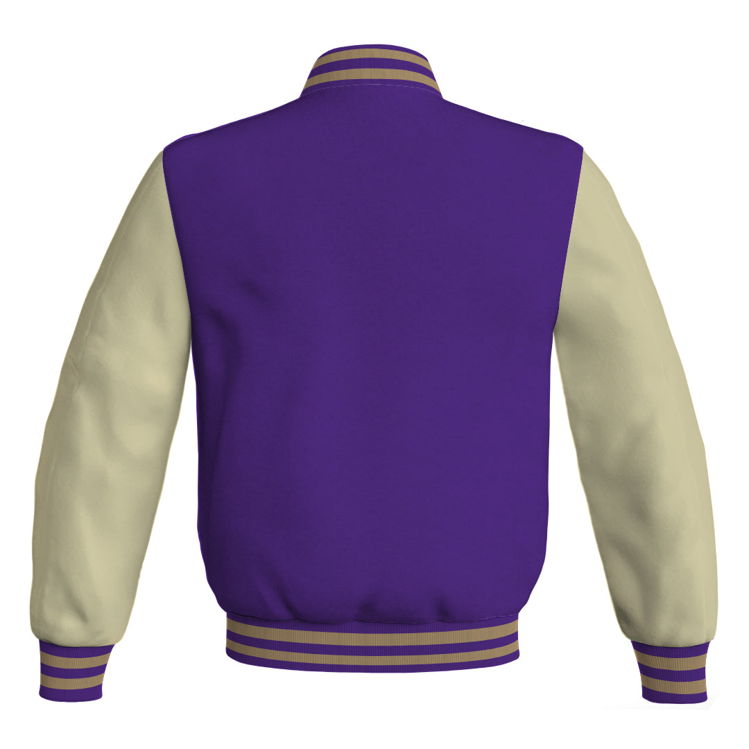 Varsity Jacket Women Purple Body and Cream Leather Sleeves Bomber Jacket