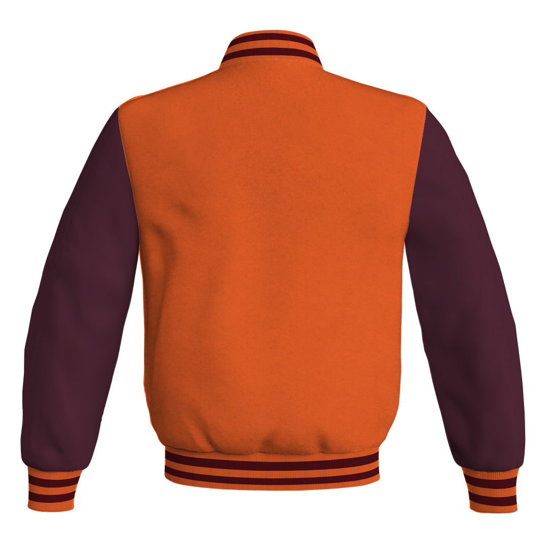 Varsity Jacket Mens Orange Body and Maroon Leather Sleeves Bomber Jacket