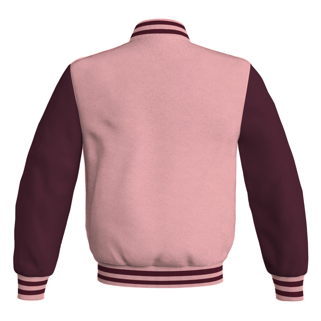 Varsity Jacket Mens Pink Body and Maroon Leather Sleeves Bomber Jacket