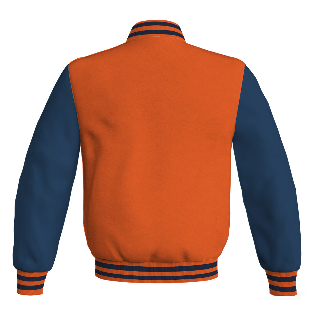 Varsity Jacket Mens Orange Body and Navy Blue Leather Sleeves Bomber Jacket