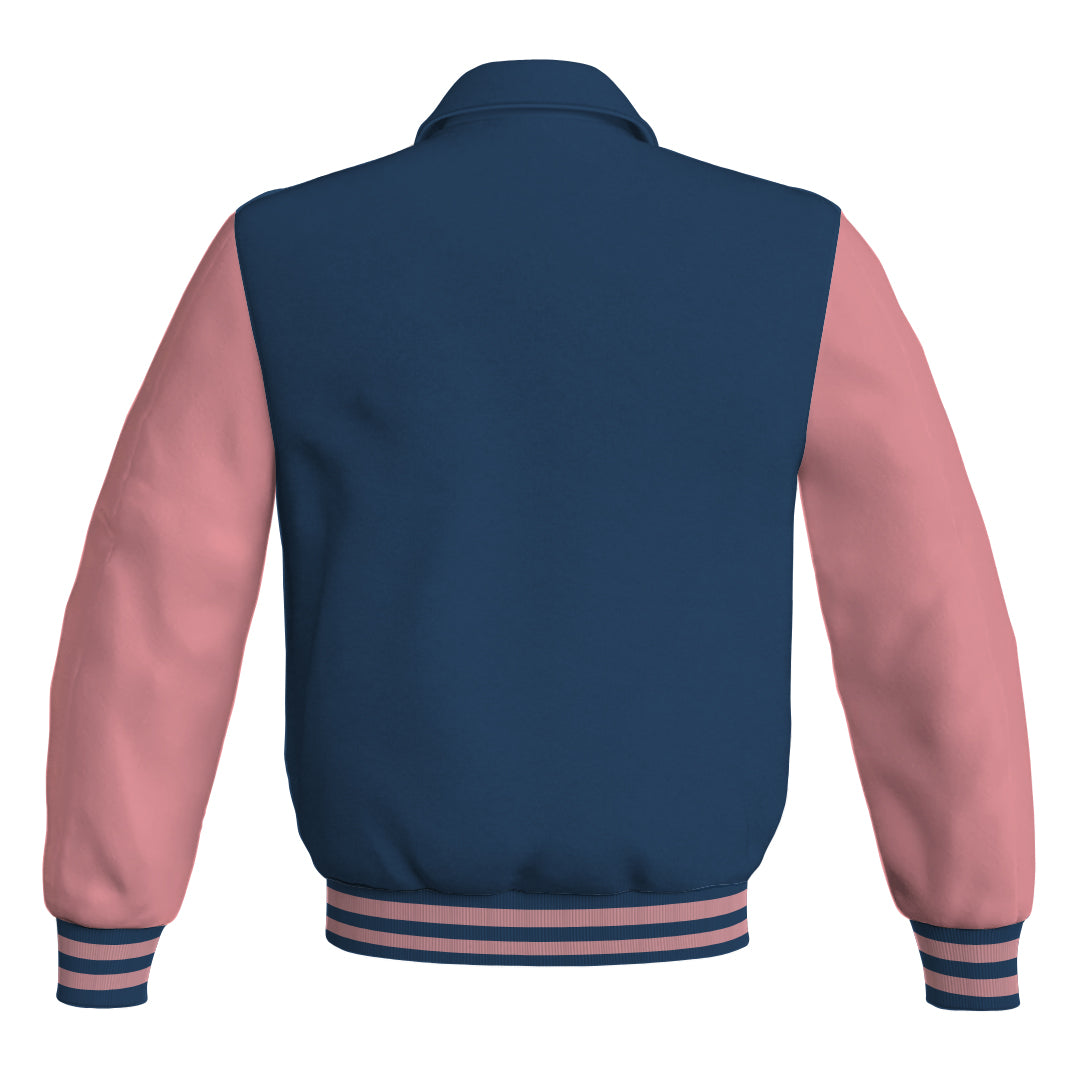 Letterman Varsity Classic Jacket Navy Blue Body and Pink Leather Sleeves