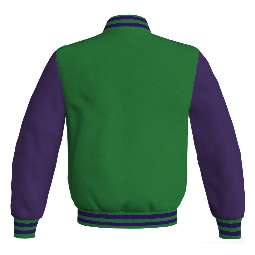 Team Varsity Jackets Green Body and Purple Leather Sleeves Bomber Jacket