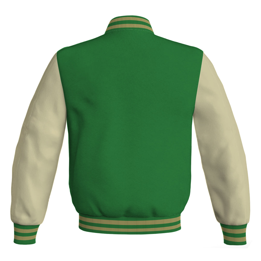 Varsity Jacket Women Green Body and Cream Leather Sleeves Bomber Jacket