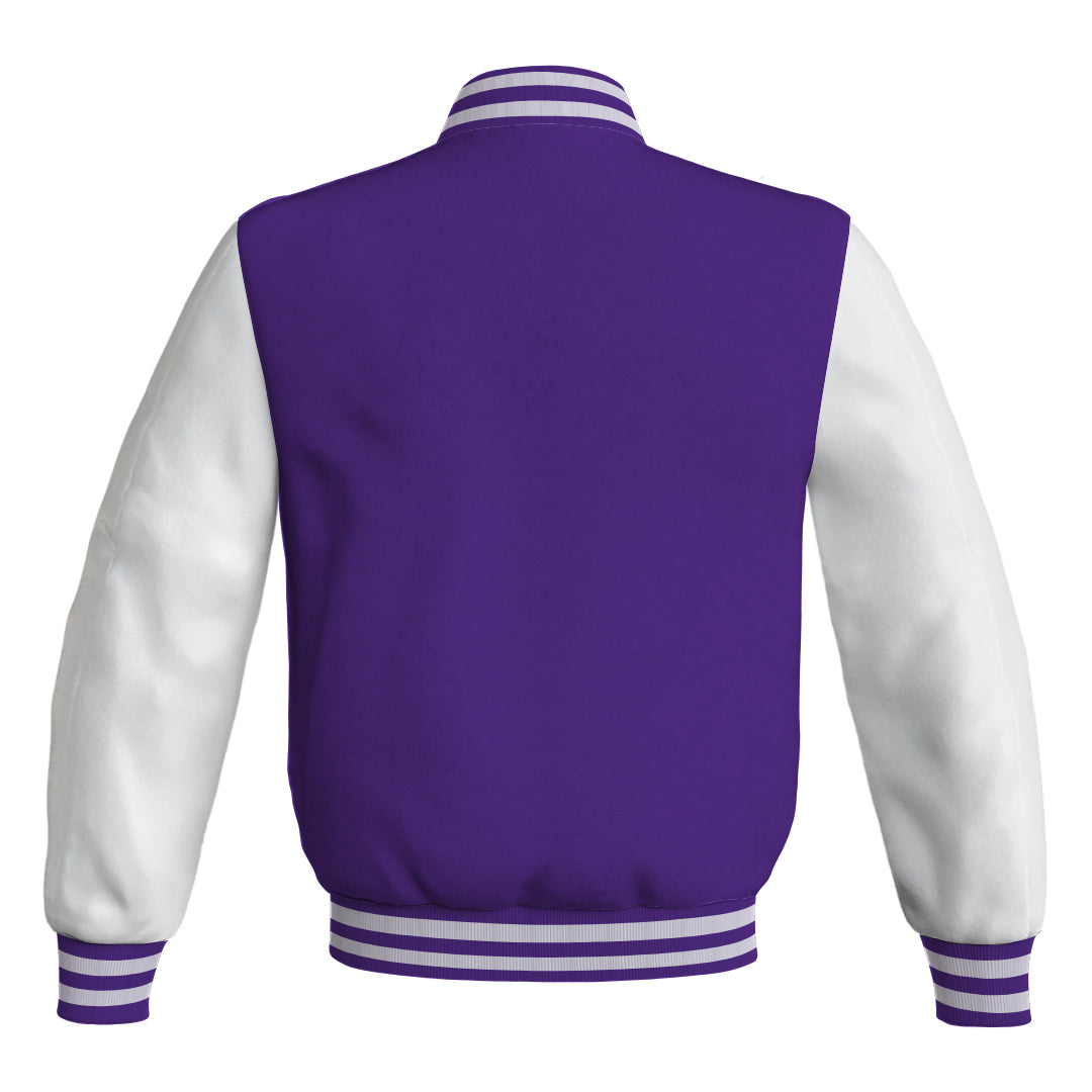 Team Varsity Jackets Purple Body and White Leather Sleeves Bomber Jacket