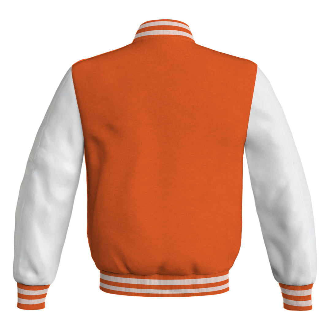 Team Varsity Jackets Orange Body and White Leather Sleeves Bomber Jacket