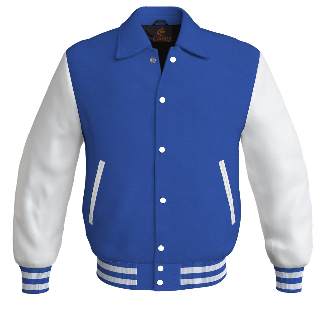 Letterman Varsity Classic Jacket Royal Blue Body and White Leather Sleeves