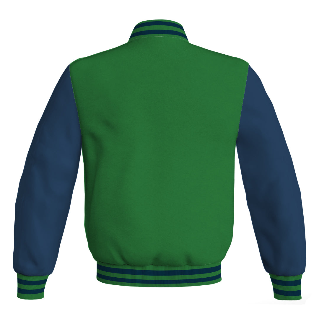 Team Varsity Jackets Green Body and Navy Blue Leather Sleeves Bomber Jacket