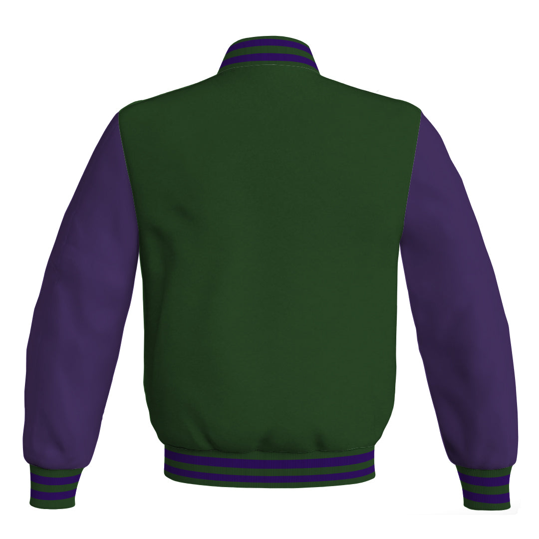 Varsity Jacket Mens Forest Green Body and Purple Leather Sleeves Bomber Jacket