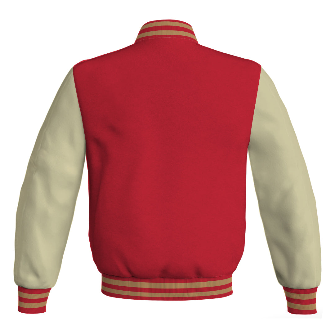 Varsity Jacket Women Red Body and Cream Leather Sleeves Bomber Jacket