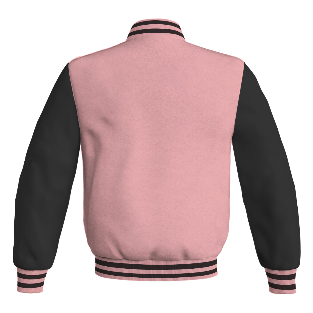 Ladies Varsity Jacket Pink Body and Black Leather Sleeves Bomber Jacket