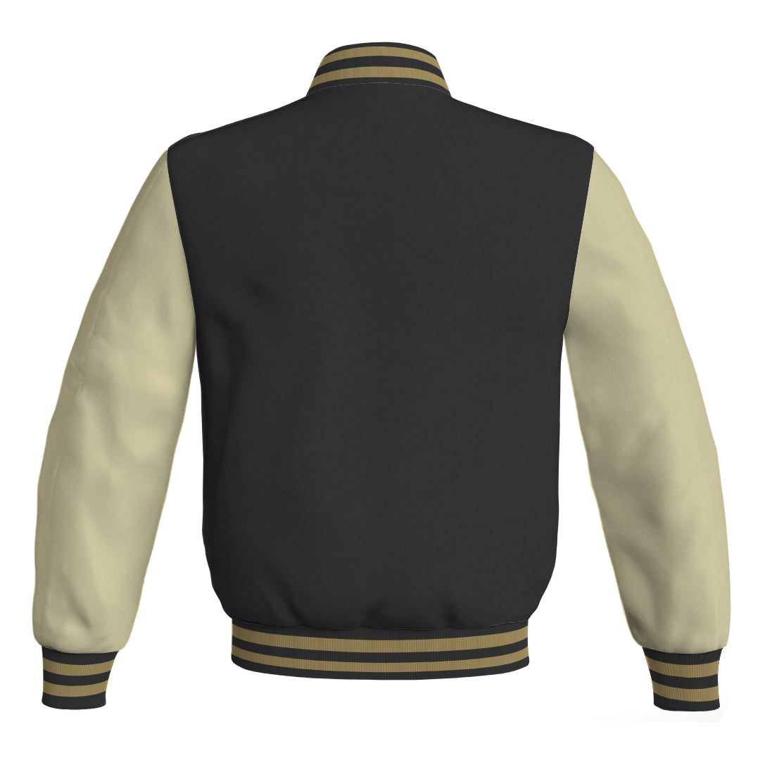 Varsity Jacket Black Body and Cream Leather Sleeves Bomber Jacket