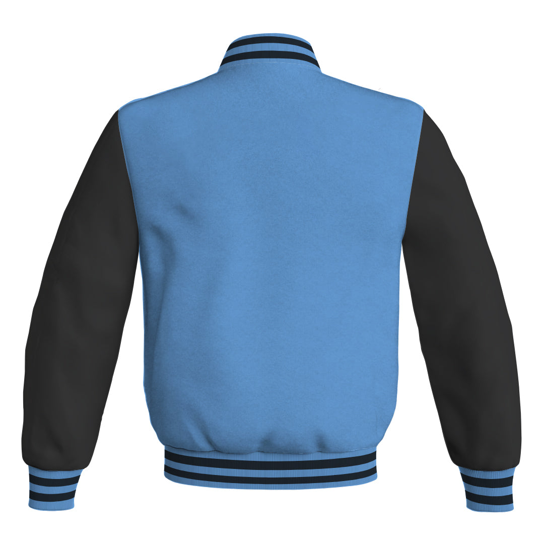 Personalized Varsity Jacket Sky Blue Body and Black Leather Sleeves Bomber Jacket