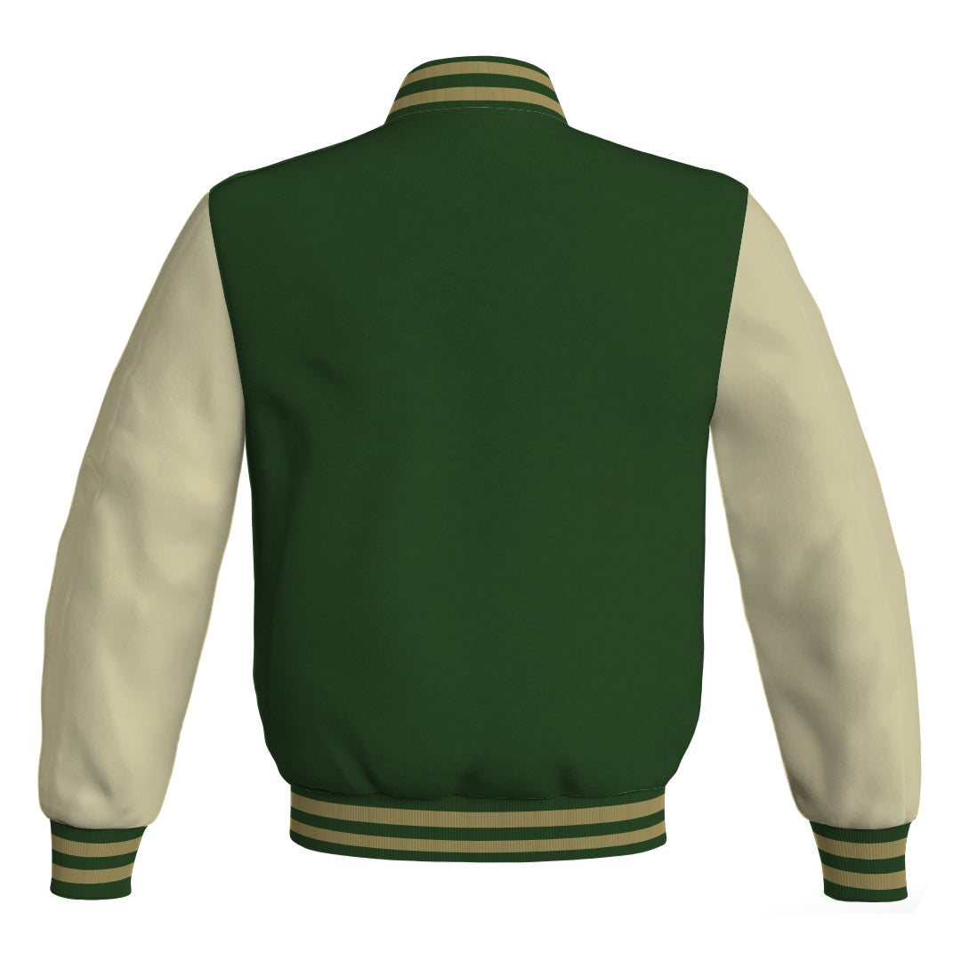 Varsity Jacket Mens Forest Green Body and Cream Leather Sleeves Bomber Jacket