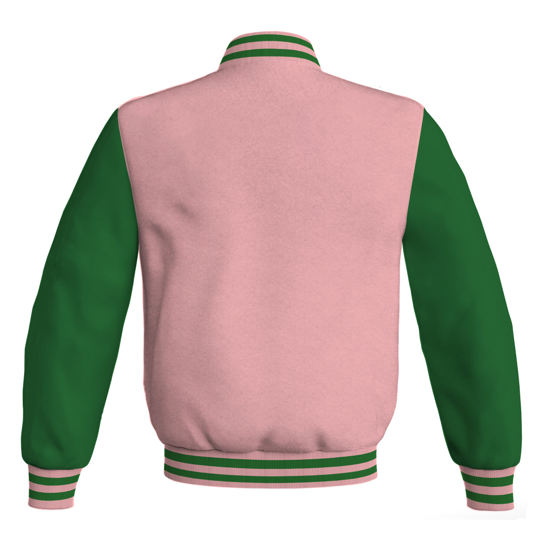 Personalized Varsity Jacket Pink Body and Green Leather Sleeves Bomber Jacket