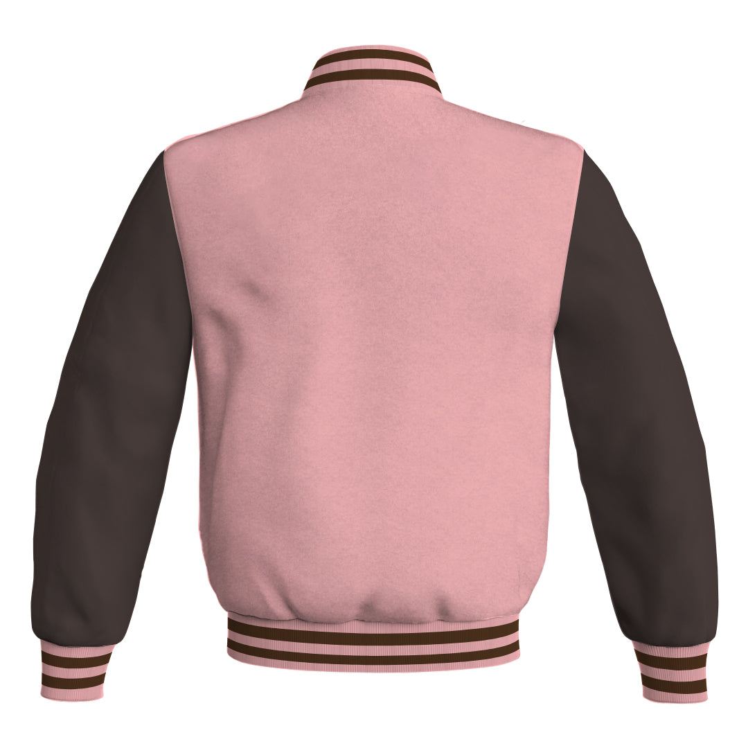 Personalized Varsity Jacket Pink Body and Brown Leather Sleeves Bomber Jacket