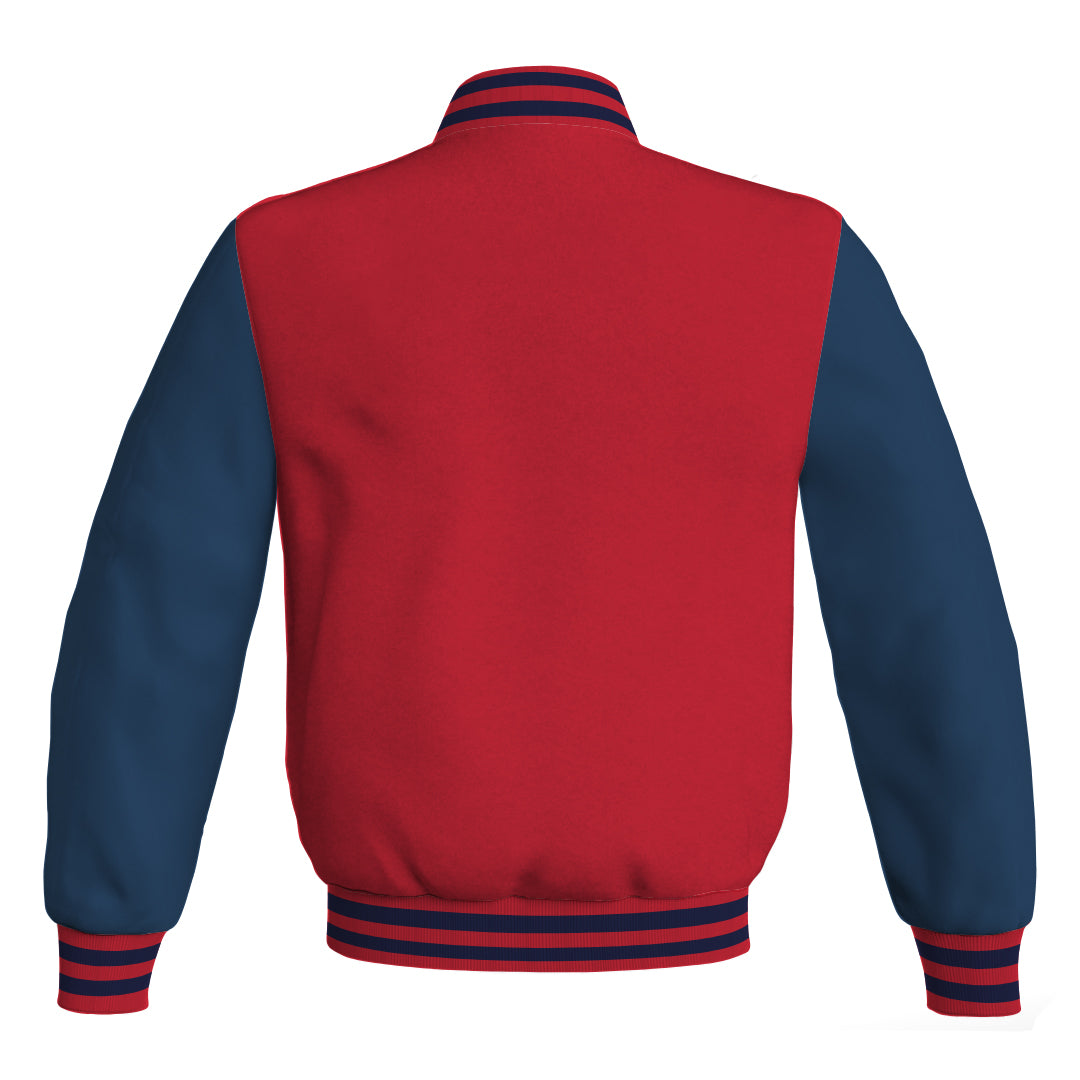 Varsity Jacket Red Body and Navy Blue Leather Sleeves Bomber Jacket