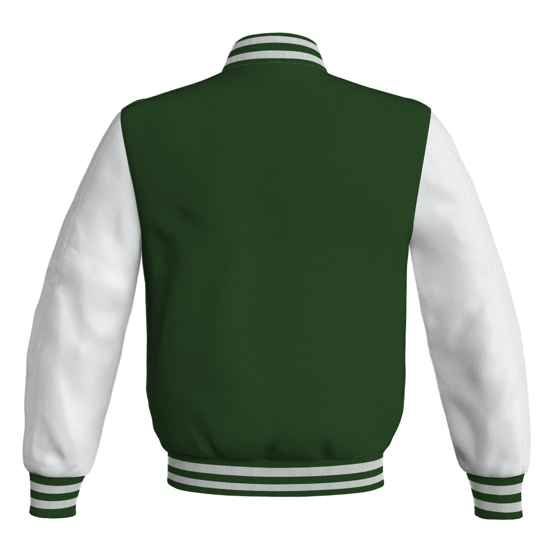 Team Varsity Jackets Forest Green Body and White Leather Sleeves Bomber Jacket