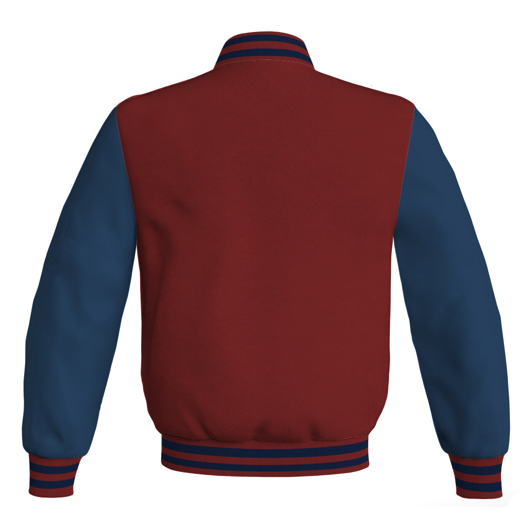 Team Varsity Jackets Maroon Body and Navy Blue Leather Sleeves Bomber Jacket