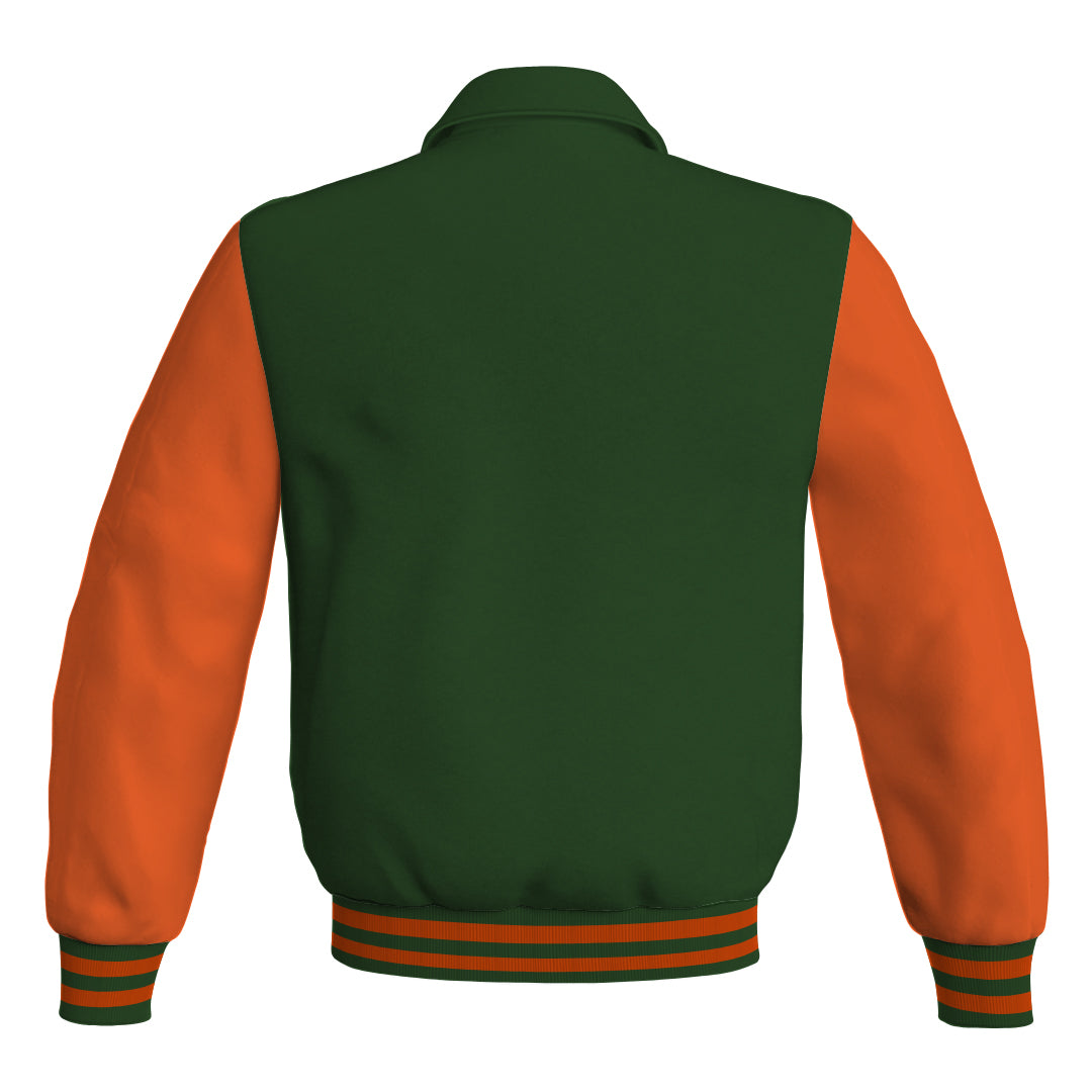 Letterman Varsity Classic Jacket Forest Green Body and Orange Leather 