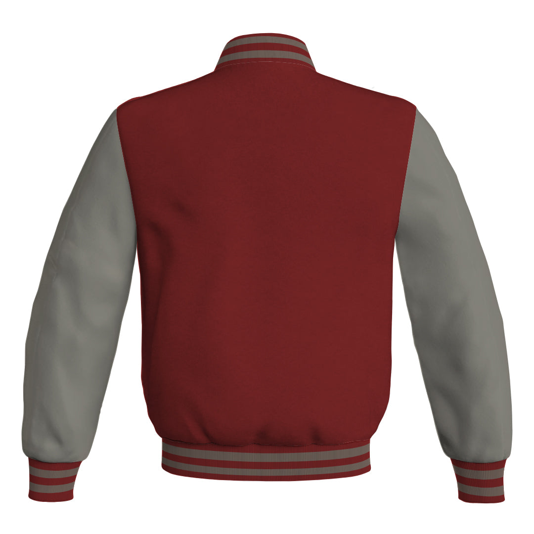 Mens Bomber Jacket Maroon Body and Gray Leather Sleeves Bomber Jacket