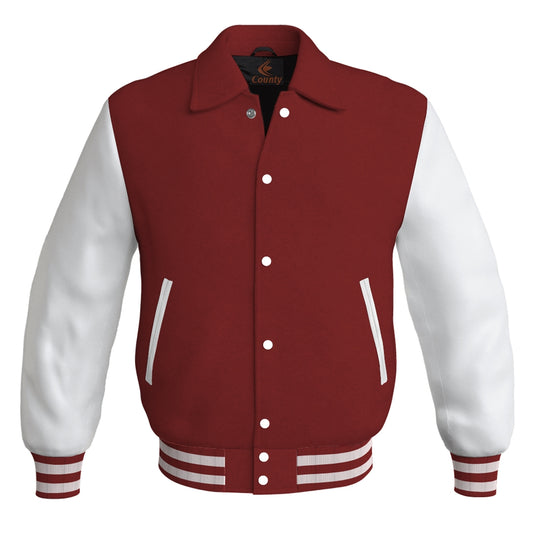 Letterman Varsity Classic Jacket Maroon Body and White Leather Sleeves