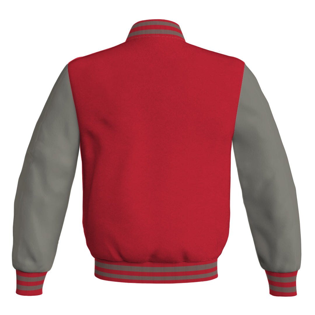 Mens Bomber Jacket Red Body and Gray Leather Sleeves Bomber Jacket