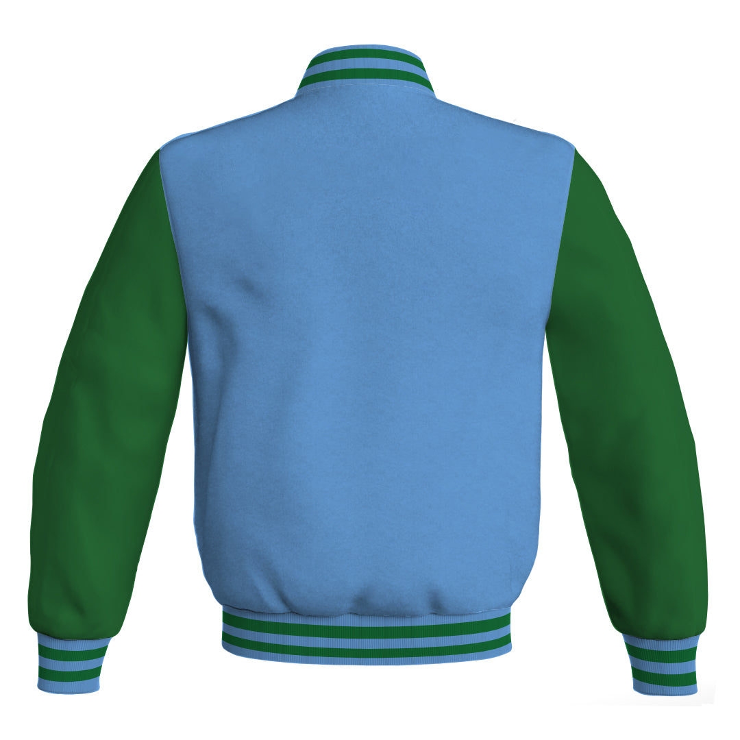 Personalized Varsity Jacket Sky Blue Body and Green Leather Sleeves Bomber Jacket